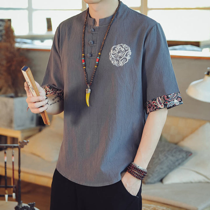 Buddha Stones Frog-Button Dragon Embroidery Chinese Tang Suit Short Sleeve Shirt Linen Men Clothing - image 6