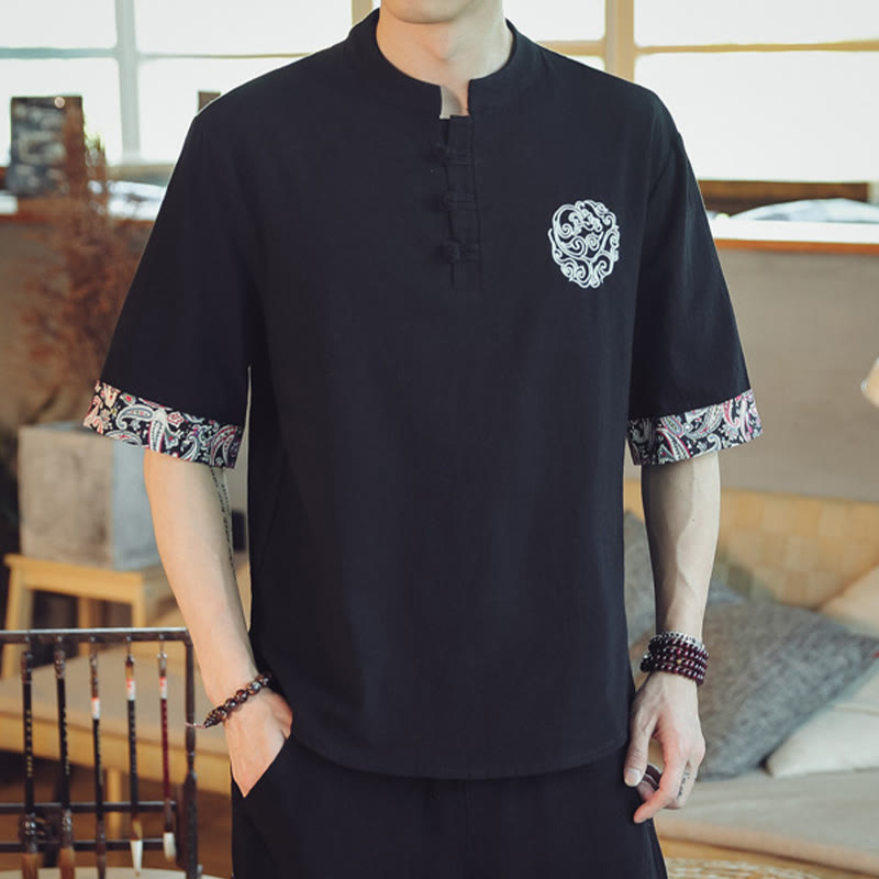 Buddha Stones Frog-Button Dragon Embroidery Chinese Tang Suit Short Sleeve Shirt Linen Men Clothing - image 28
