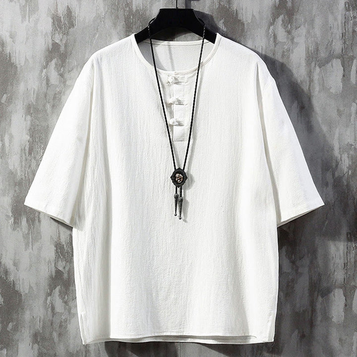 Buddha Stones Frog-Button Plain Color Chinese Tang Suit Half Sleeve Shirt Linen Men Clothing - White - US/UK/AU46,EU56 (5XL)  - image 1