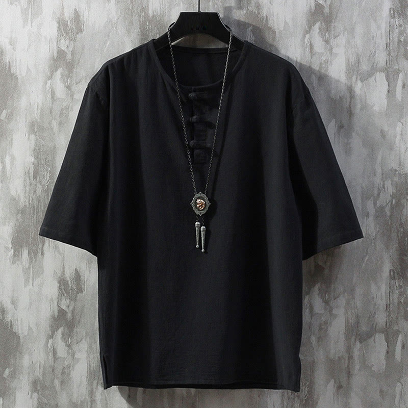 Buddha Stones Frog-Button Plain Color Chinese Tang Suit Half Sleeve Shirt Linen Men Clothing - Black - US/UK/AU46,EU56 (5XL)  - image 4