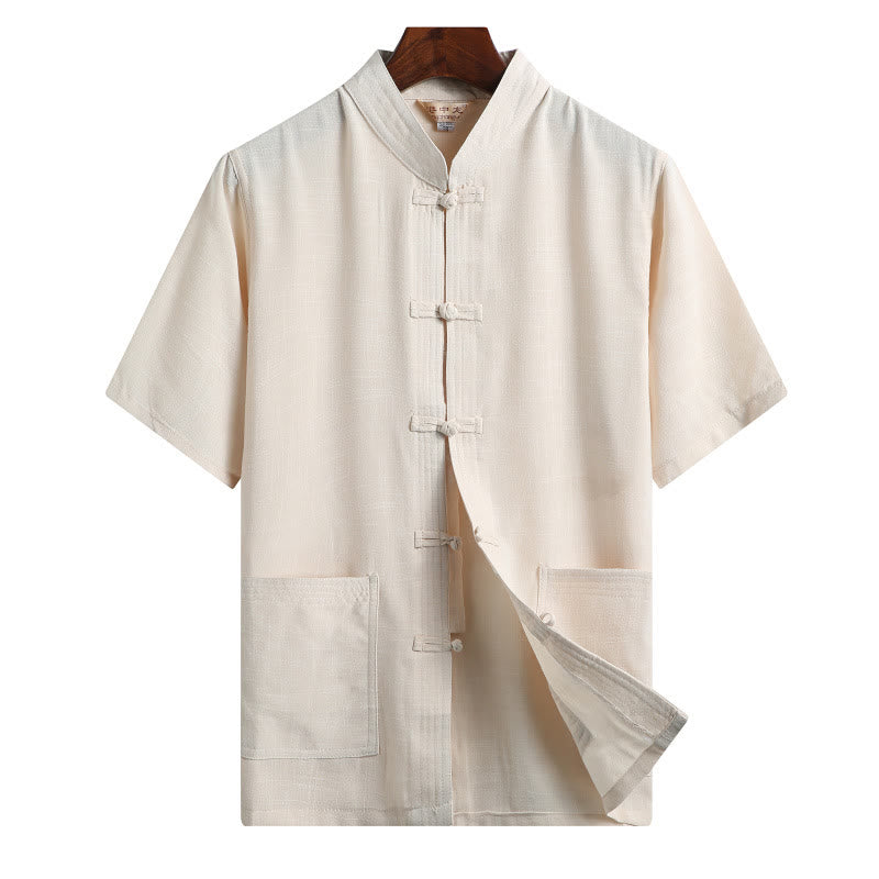 Buddha Stones Frog-Button Fu Character Dragon Bamboo Leaf Chinese Tang Suit Short Sleeve Shirt Linen With Pockets - LightYellow - Solid Color - US/UK/AU46,EU56 (4XL)  - image 14