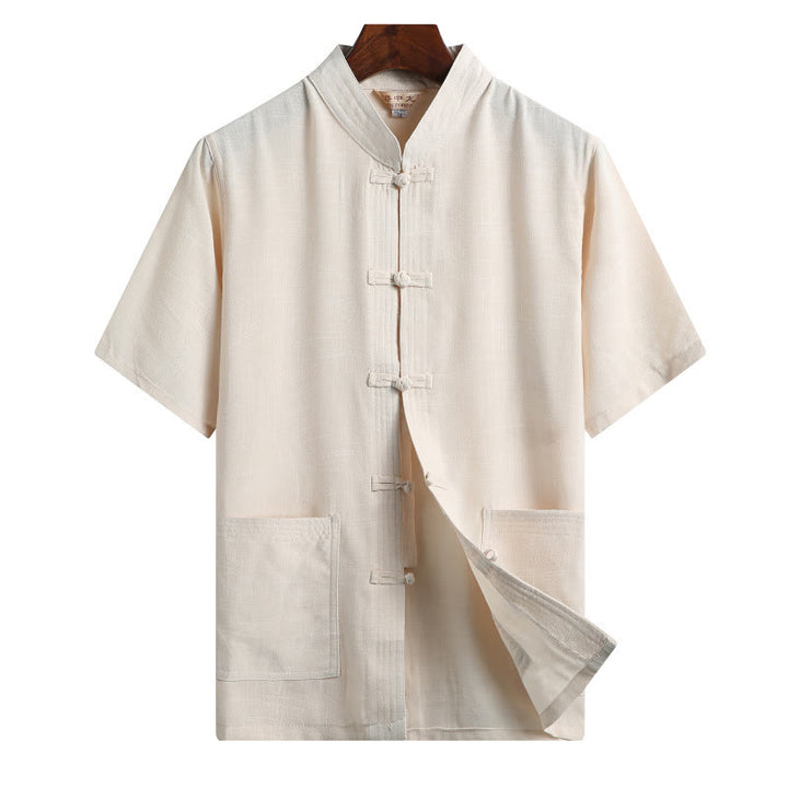 Buddha Stones Frog-Button Fu Character Dragon Bamboo Leaf Chinese Tang Suit Short Sleeve Shirt Linen With Pockets - LightYellow - Solid Color - US/UK/AU46,EU56 (4XL)  - image 14
