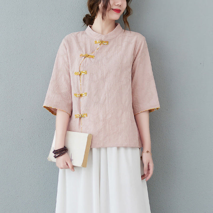 Buddha Stones Floral Pattern Frog-Button Half Sleeve Cotton Linen Shirt - LightPink - 2XL(Fit for US8-10; UK/AU12-14; EU40-42) - image 0