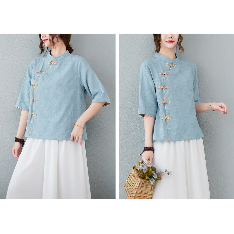 Buddha Stones Floral Pattern Frog-Button Half Sleeve Cotton Linen Shirt - image 9