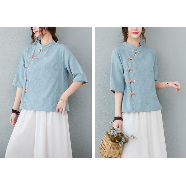 Buddha Stones Floral Pattern Frog-Button Half Sleeve Cotton Linen Shirt - image 9