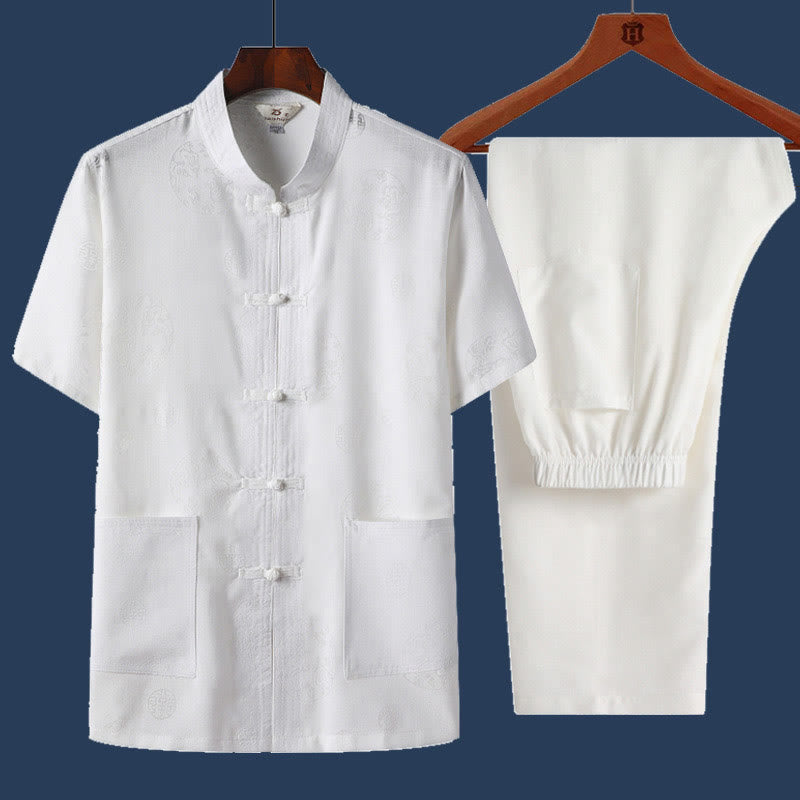 Buddha Stones 2Pcs Frog-Button Fu Character Dragon Bamboo Leaf Short Sleeve Shirt Pants Men's Set - White - Dragon - US/UK/AU46,EU56 (4XL) - image 8