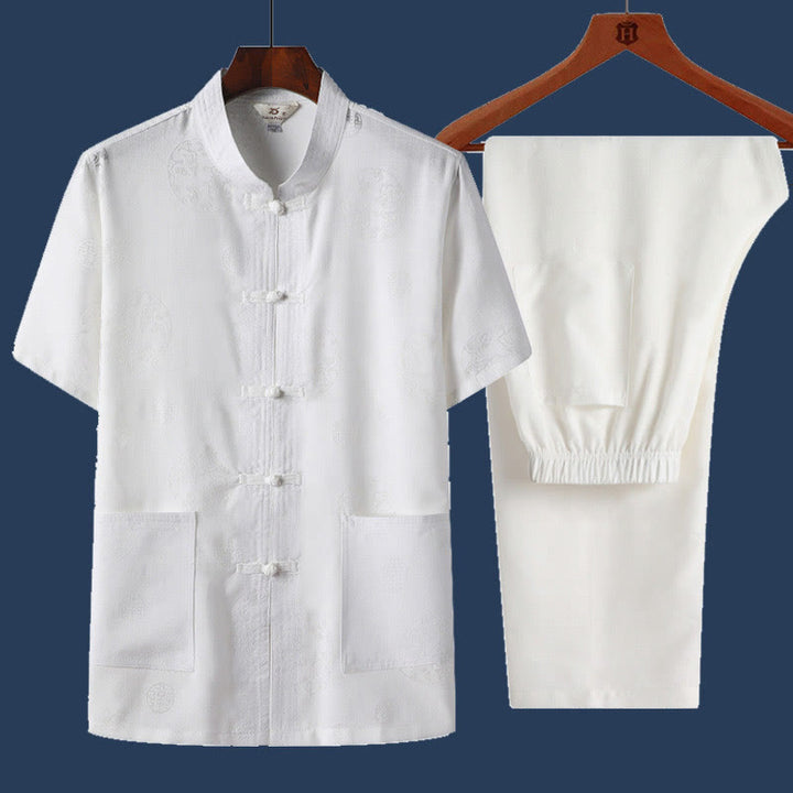 Buddha Stones 2Pcs Frog-Button Fu Character Dragon Bamboo Leaf Short Sleeve Shirt Pants Men's Set - White - Dragon - US/UK/AU46,EU56 (4XL) - image 8