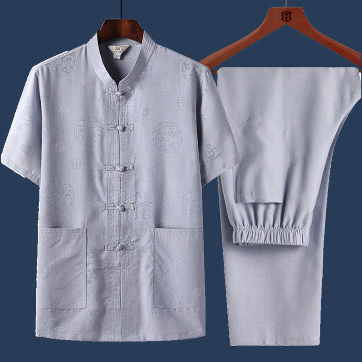 Buddha Stones 2Pcs Frog-Button Fu Character Dragon Bamboo Leaf Short Sleeve Shirt Pants Men's Set - LightBlue - Dragon - US/UK/AU46,EU56 (4XL) - image 3