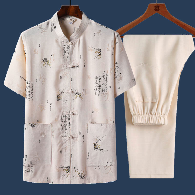 Buddha Stones 2Pcs Frog-Button Fu Character Dragon Bamboo Leaf Short Sleeve Shirt Pants Men's Set - LightYellow - Bamboo Leaf - US/UK/AU46,EU56 (4XL) - image 10