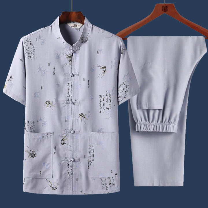 Buddha Stones 2Pcs Frog-Button Fu Character Dragon Bamboo Leaf Short Sleeve Shirt Pants Men's Set - LightBlue - Bamboo Leaf - US/UK/AU46,EU56 (4XL) - image 9