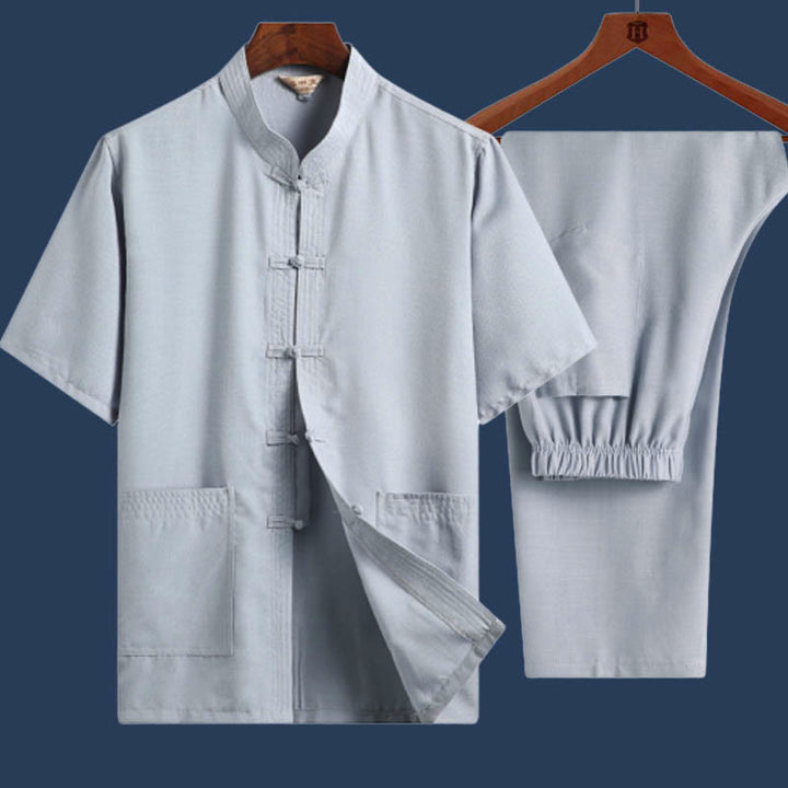 Buddha Stones 2Pcs Frog-Button Fu Character Dragon Bamboo Leaf Short Sleeve Shirt Pants Men's Set - LightBlue - Solid Color - US/UK/AU46,EU56 (4XL) - image 13