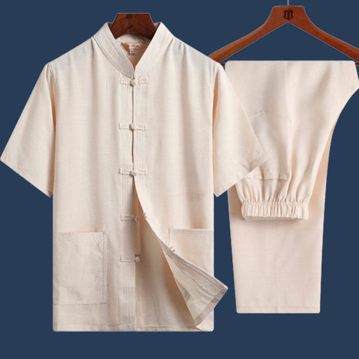 Buddha Stones 2Pcs Frog-Button Fu Character Dragon Bamboo Leaf Short Sleeve Shirt Pants Men's Set - LightYellow - Solid Color - US/UK/AU46,EU56 (4XL) - image 14