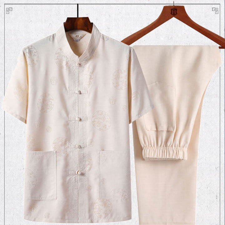 Buddha Stones 2Pcs Frog-Button Fu Character Dragon Bamboo Leaf Short Sleeve Shirt Pants Men's Set - LightYellow - Dragon - US/UK/AU46,EU56 (4XL) - image 4