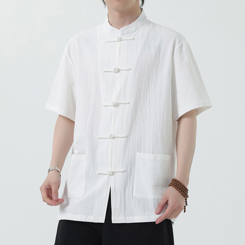 Buddha Stones Frog-Button Chinese Tang Suit Short Sleeve Shirt Linen Men Clothing With Pockets - White - US/UK/AU46,EU56 (5XL) - image 0