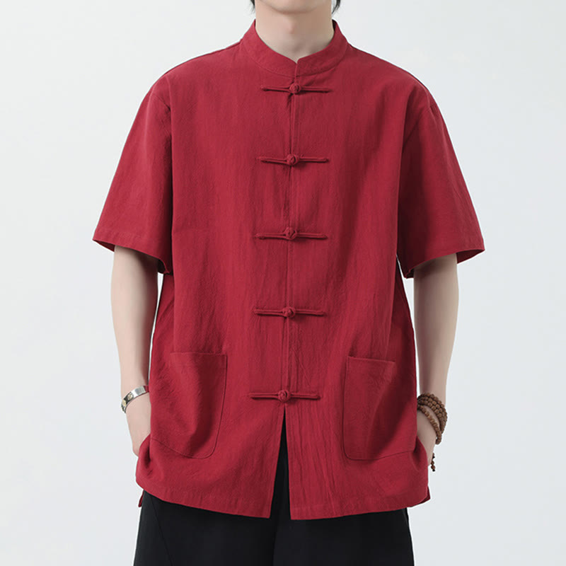 Buddha Stones Frog-Button Chinese Tang Suit Short Sleeve Shirt Linen Men Clothing With Pockets - Red - US/UK/AU46,EU56 (5XL) - image 1