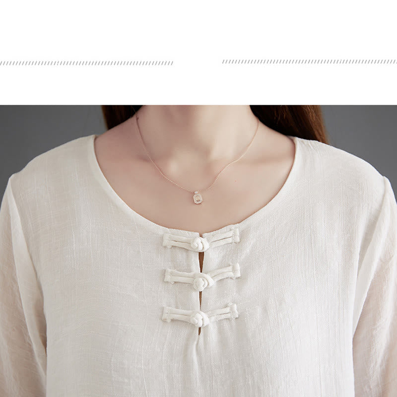 Buddha Stones 2Pcs Frog-Button Long Sleeve Shirt Wide Leg Pants Meditation Cotton Linen Clothing - image 9