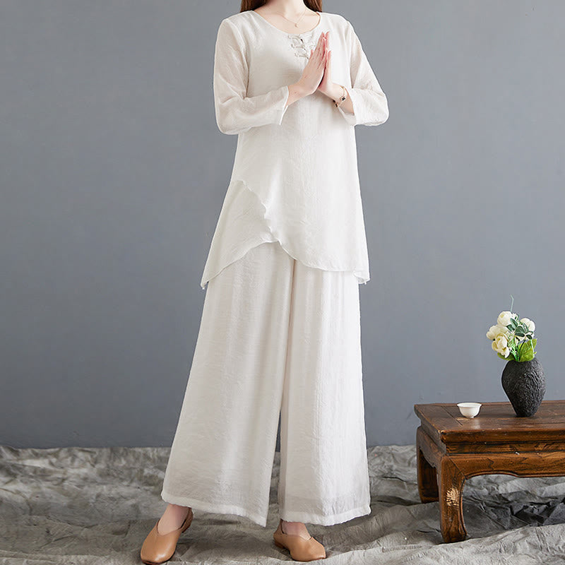 Buddha Stones 2Pcs Frog-Button Long Sleeve Shirt Wide Leg Pants Meditation Cotton Linen Clothing - US8-10,UK/AU12-14,EU40-42 (2XL) - image 0