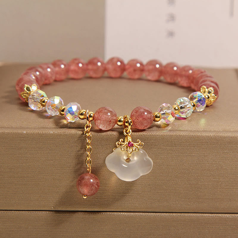 Buddha Stones Natural Strawberry Quartz Crystal White Agate Auspicious Cloud Healing Bracelet - Strawberry Quartz(Wrist Circumference 14-16cm) - image 0