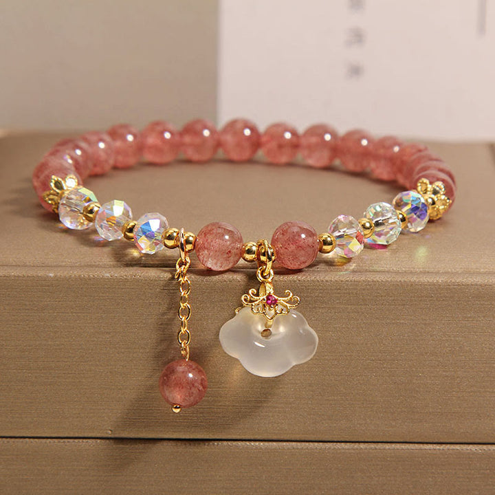 Buddha Stones Natural Strawberry Quartz Crystal White Agate Auspicious Cloud Healing Bracelet - Strawberry Quartz(Wrist Circumference 14-16cm) - image 0