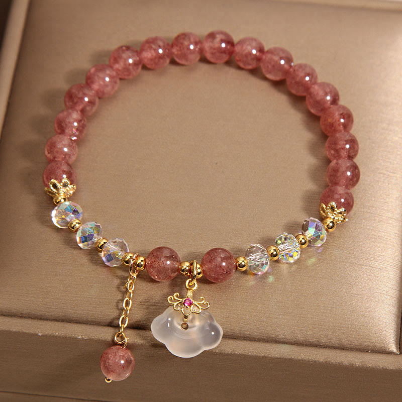 Buddha Stones Natural Strawberry Quartz Crystal White Agate Auspicious Cloud Healing Bracelet - image 1