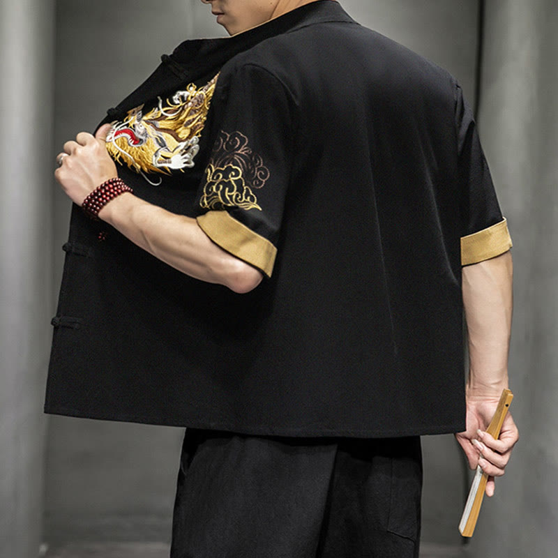 Buddha Stones Frog-Button Chinese Dragon Auspicious Cloud Embroidery Half Sleeve Shirt Cotton Linen Men Clothing - image 2