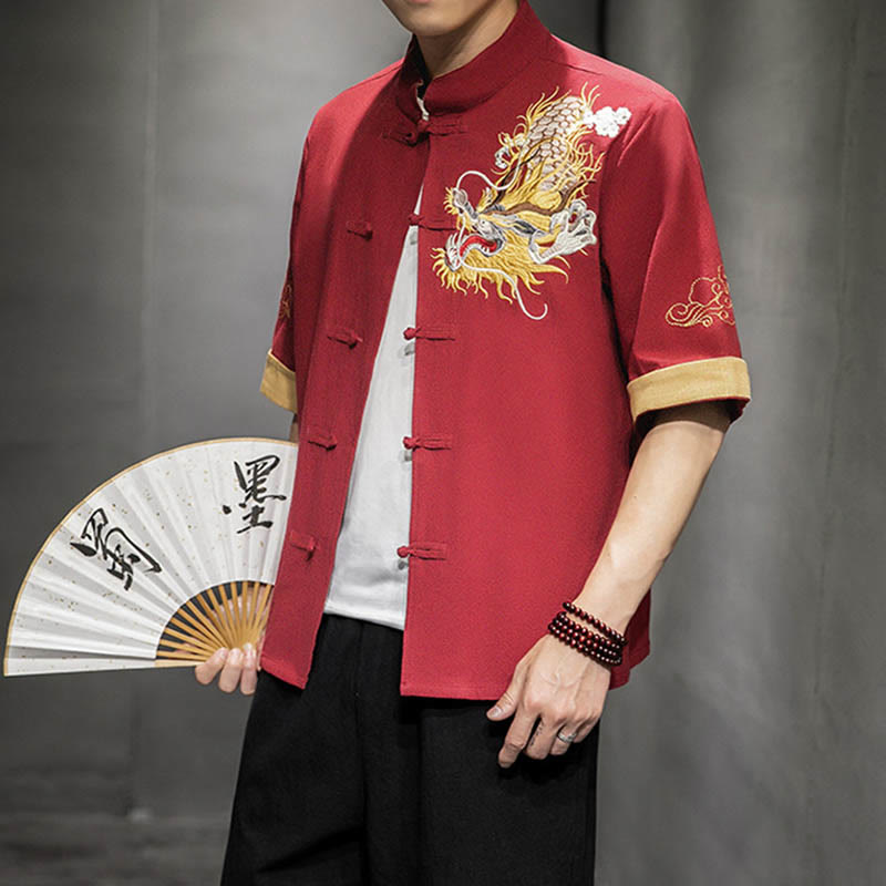 Buddha Stones Frog-Button Chinese Dragon Auspicious Cloud Embroidery Half Sleeve Shirt Cotton Linen Men Clothing - Tomato - US/UK/AU44,EU54 (5XL)  - image 12