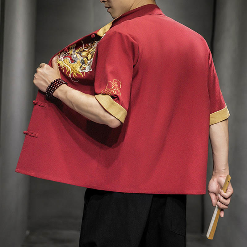 Buddha Stones Frog-Button Chinese Dragon Auspicious Cloud Embroidery Half Sleeve Shirt Cotton Linen Men Clothing - image 14