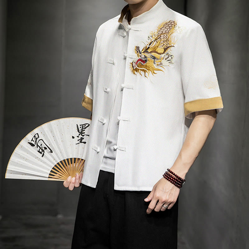 Buddha Stones Frog-Button Chinese Dragon Auspicious Cloud Embroidery Half Sleeve Shirt Cotton Linen Men Clothing - White - US/UK/AU44,EU54 (5XL)  - image 20