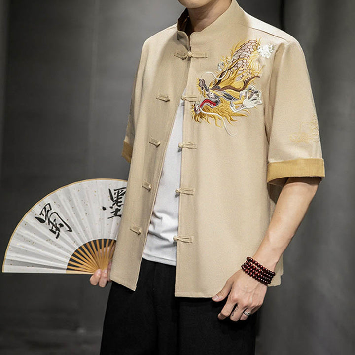 Buddha Stones Frog-Button Chinese Dragon Auspicious Cloud Embroidery Half Sleeve Shirt Cotton Linen Men Clothing - Linen - US/UK/AU44,EU54 (5XL)  - image 26