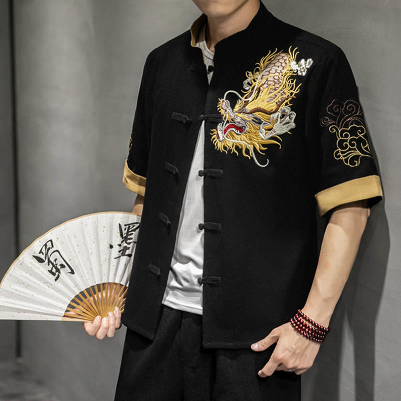 Buddha Stones Frog-Button Chinese Dragon Auspicious Cloud Embroidery Half Sleeve Shirt Cotton Linen Men Clothing - Black - US/UK/AU44,EU54 (5XL)  - image 0