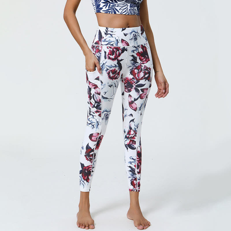 Buddha Stones Rose Lines Tiger Leopard Print Sports Fitness High Waist Leggings Women's Yoga Pants With Pockets - White Red Rose - US12,UK/AU16,EU44 (XL) - image 0