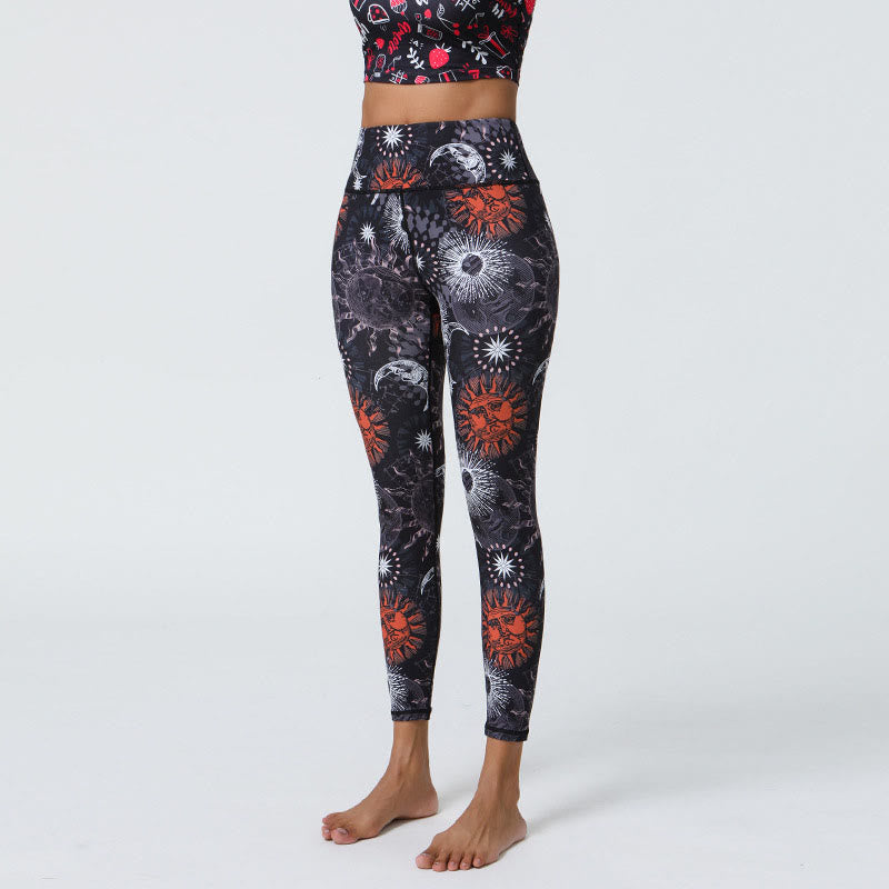 Buddha Stones Flowers Feathers Sun Moon Print Sports Fitness Yoga High Waist Leggings Women's Pants - Black Red Sun White Moon - US12,UK/AU16,EU44 (XL) - image 6