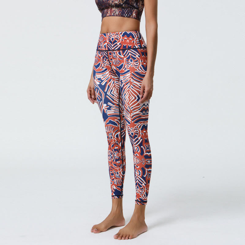 Buddha Stones Flowers Feathers Sun Moon Print Sports Fitness Yoga High Waist Leggings Women's Pants - Red Dark Blue Pattern - US12,UK/AU16,EU44 (XL) - image 28