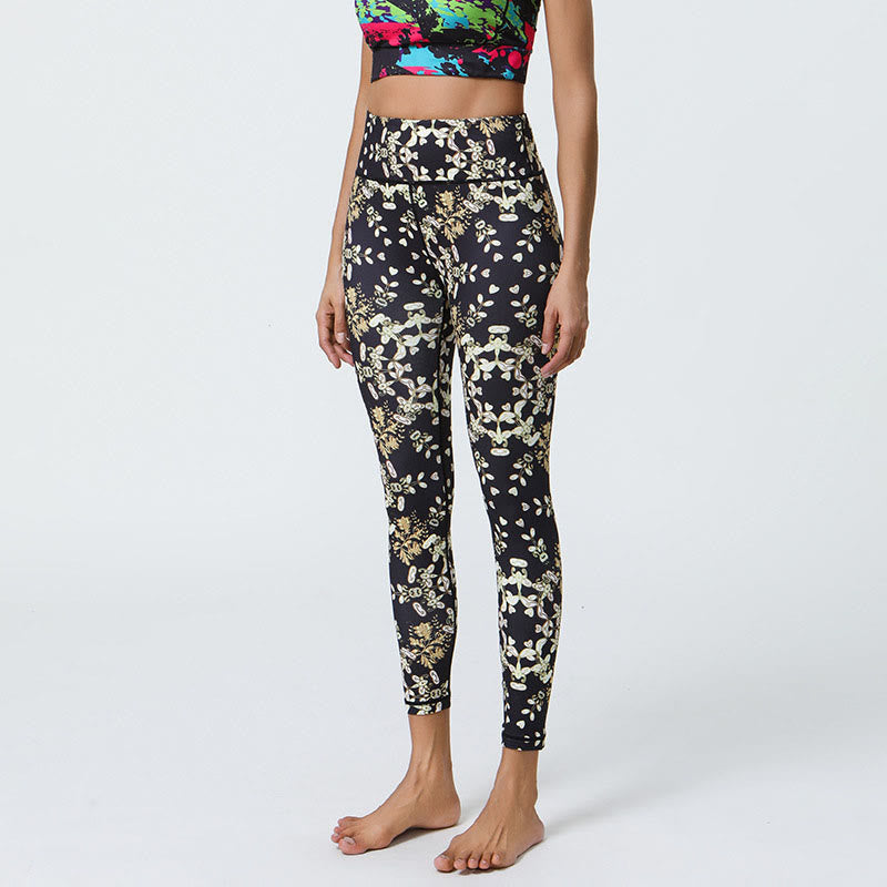 Buddha Stones Flowers Geometric Mandalas Print Sports Fitness Yoga High Waist Leggings Women's Pants - Black White Flowers - US12,UK/AU16,EU44 (XL) - image 12
