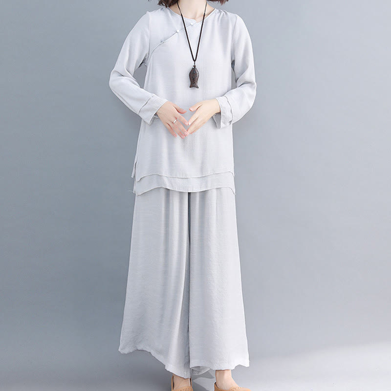 Buddha Stones 2Pcs Three Quarter Sleeve Long Sleeve Shirt Wide Leg Pants Meditation Cotton Linen Clothing Women's Set - Gainsboro - Long Sleeve - US8-10,UK/AU12-14,EU40-42 (3XL) - image 25