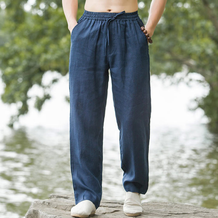 Buddha Stones Solid Color Cotton Linen Men's Wide Leg Pants With Pockets - SteelBlue - US/UK/AU50,EU60 (5XL) - image 5