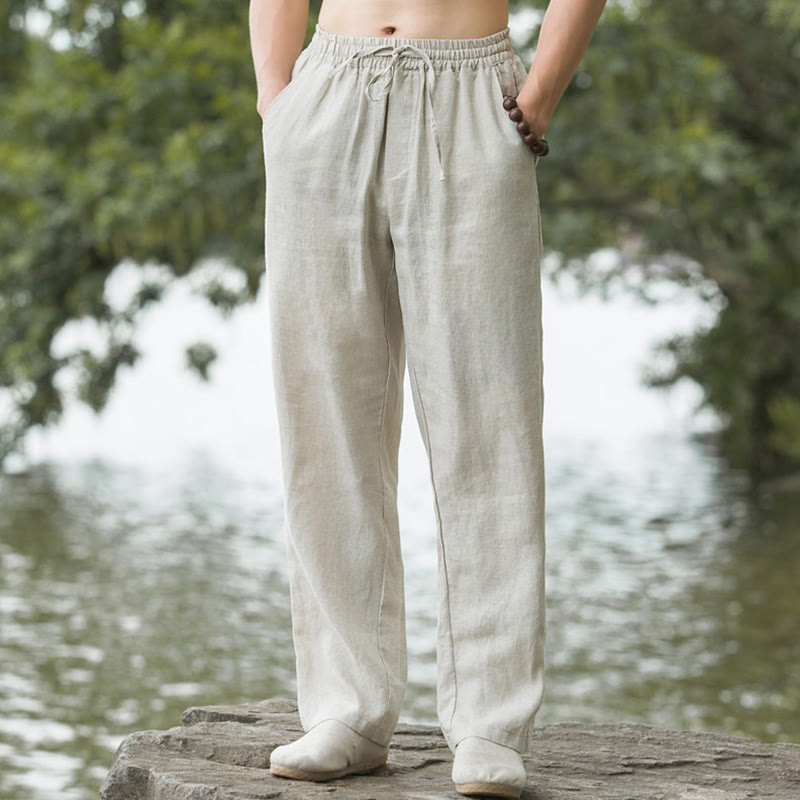 Buddha Stones Solid Color Cotton Linen Men's Wide Leg Pants With Pockets - Linen - US/UK/AU50,EU60 (5XL) - image 0