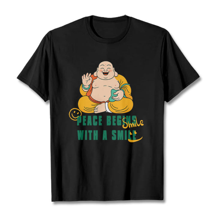 Buddha Stones Peace Begins With A Smile Tee T-shirt - Black - 2XL - image 6