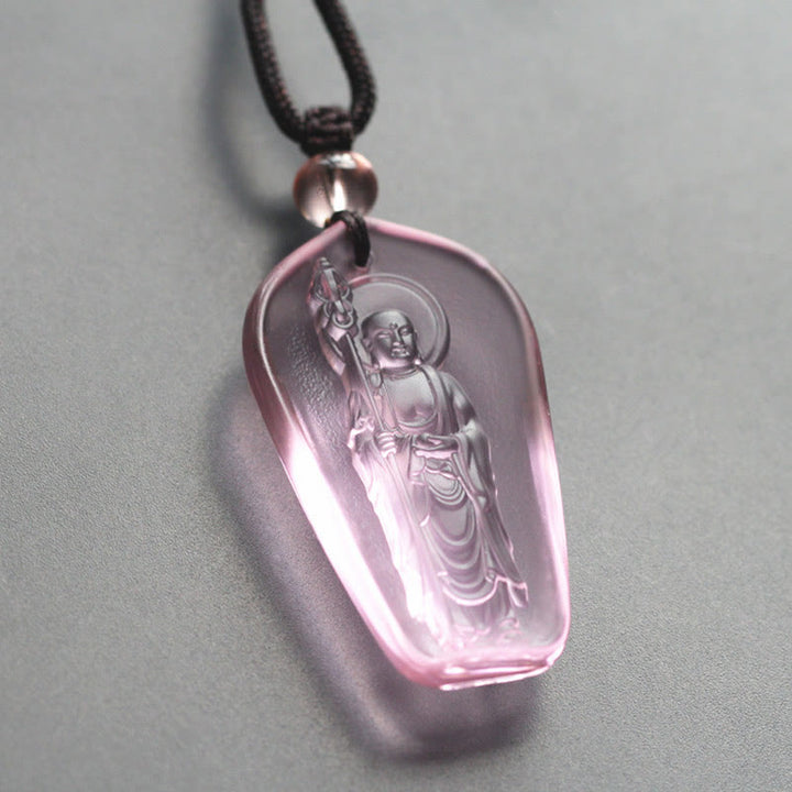 Buddha Stones Ksitigarbha Buddha Liuli Crystal Serenity Amulet Necklace Pendant - Pink Standing Ksitigarbha - image 8