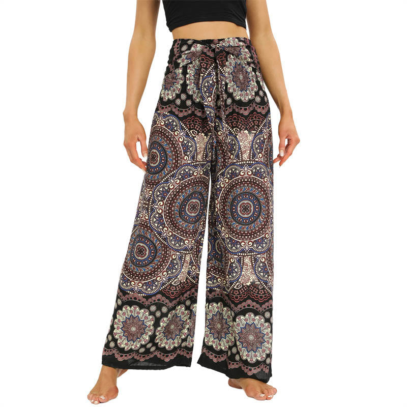 Buddha Stones Boho Mandala Print Lace-up Wide Leg Pants Women's Yoga Pants - Tan - US2-12,UK/AU6-16,EU34-44 (F) - image 1