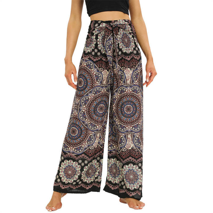 Buddha Stones Boho Mandala Print Lace-up Wide Leg Pants Women's Yoga Pants - Tan - US2-12,UK/AU6-16,EU34-44 (F) - image 1