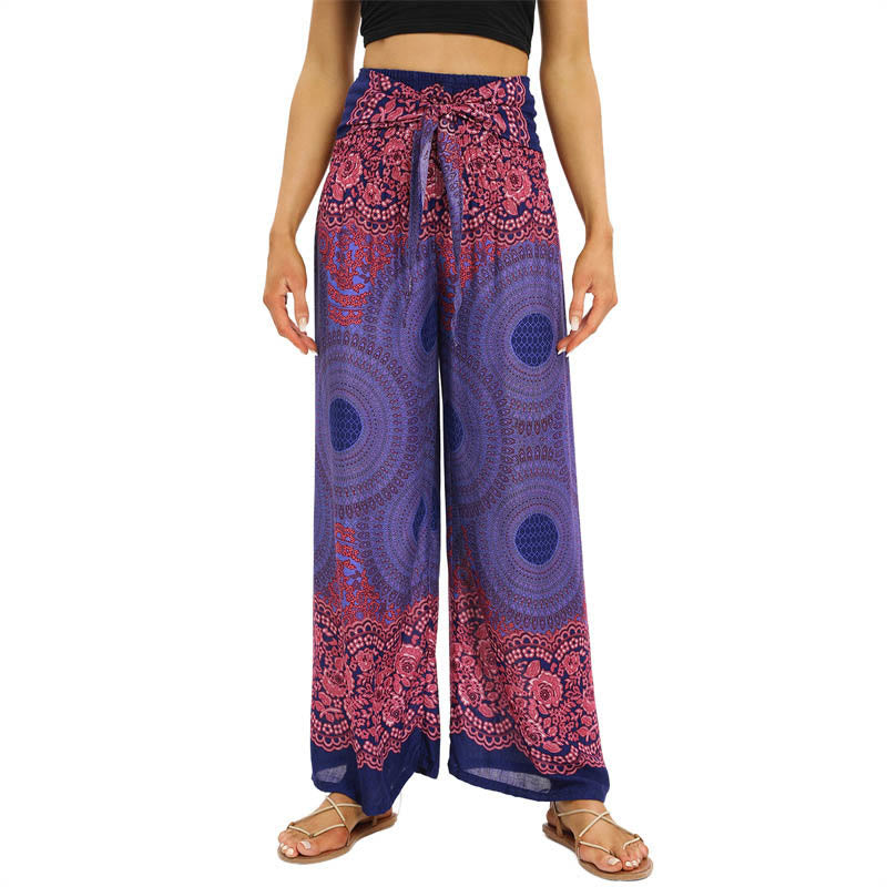 Buddha Stones Bohemian Compass Flower Print Lace-up Wide Leg Pants Women's Yoga Pants - MediumSlateBlue - US2-12,UK/AU6-16,EU34-44 (F) - image 7