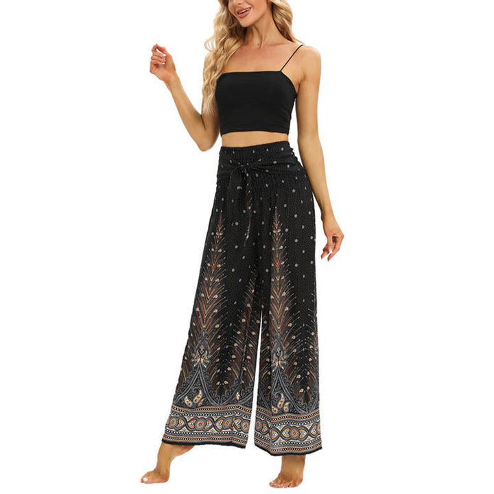 Buddha Stones Boho Peacock Feathers Lace-up Wide Leg Pants Women's Yoga Pants - image 7