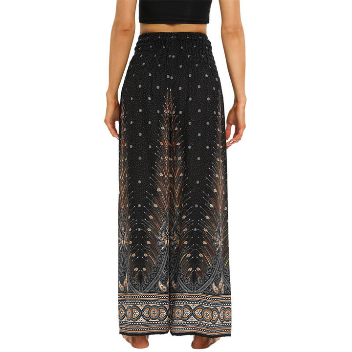 Buddha Stones Boho Peacock Feathers Lace-up Wide Leg Pants Women's Yoga Pants - image 3