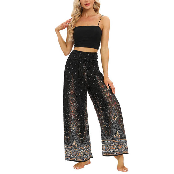 Buddha Stones Boho Peacock Feathers Lace-up Wide Leg Pants Women's Yoga Pants - image 6