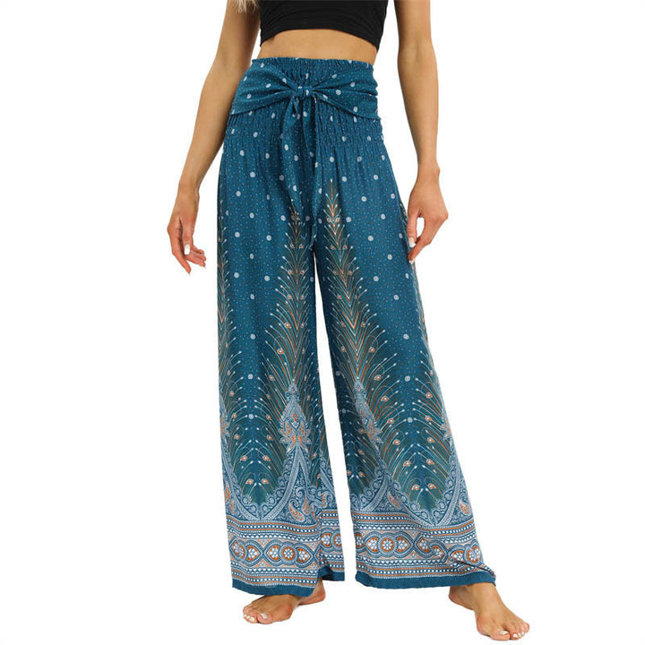 Buddha Stones Boho Peacock Feathers Lace-up Wide Leg Pants Women's Yoga Pants - DarkTurquoise - US2-12,UK/AU6-16,EU34-44 (F) - image 9