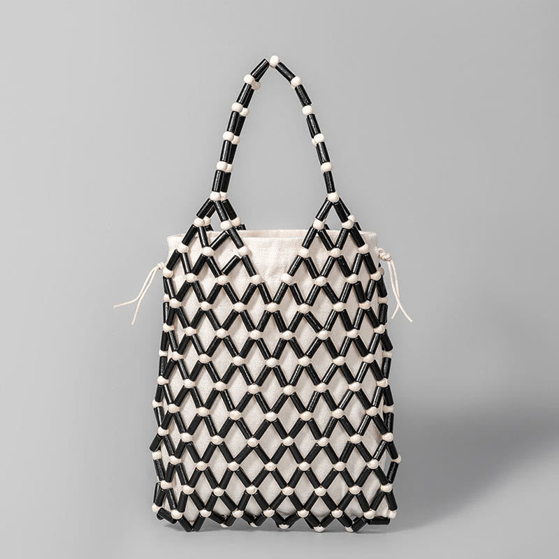 Buddha Stones Hand-woven Mesh Hollow Wooden Beads Handbag - Black 15*4*25cm - image 0
