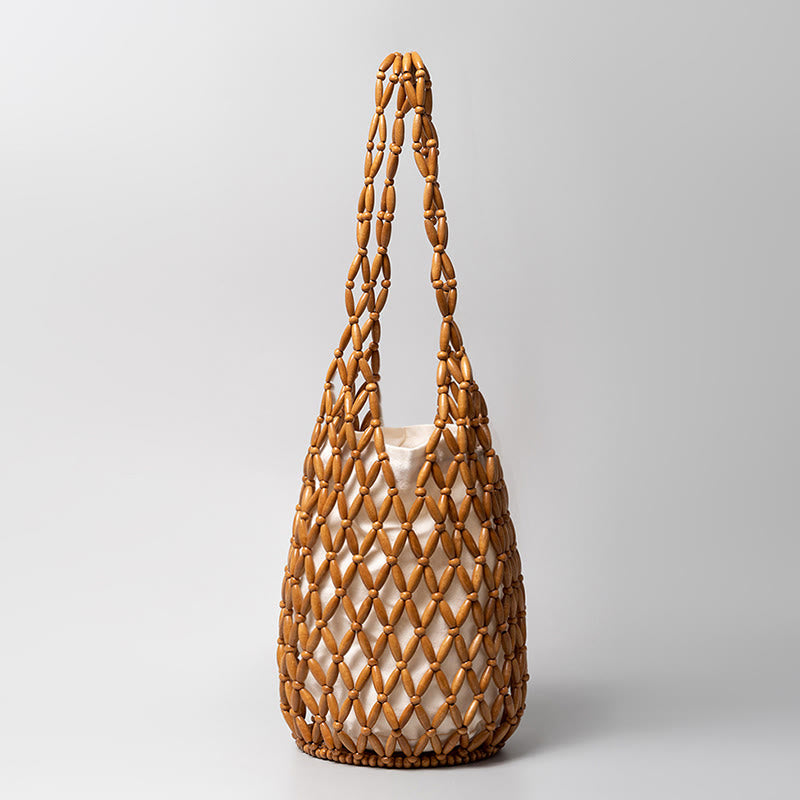 Buddha Stones Hand-woven Wooden Beads Bucket Shoulder Bag Handbag - Brown 16.5*16.5*36cm - image 10