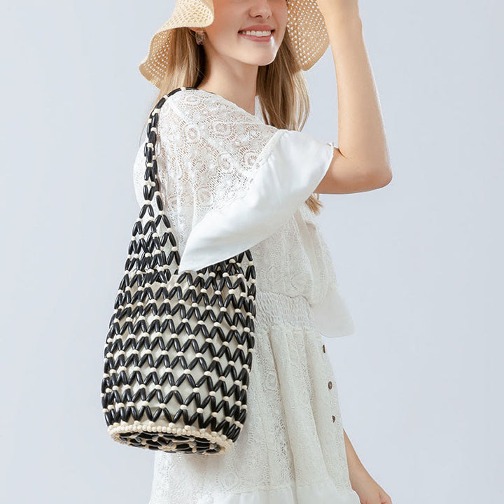 Buddha Stones Hand-woven Wooden Beads Bucket Shoulder Bag Handbag - image 4