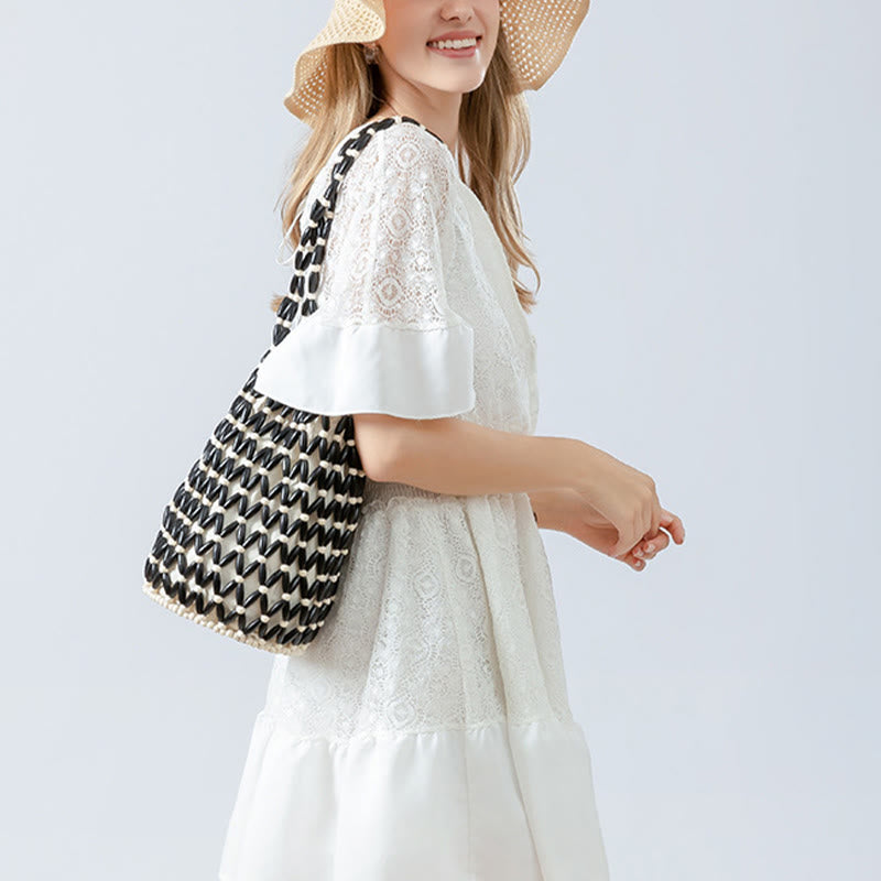 Buddha Stones Hand-woven Wooden Beads Bucket Shoulder Bag Handbag - image 7